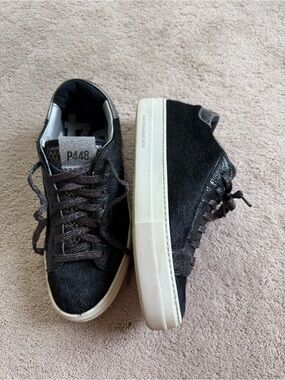 P448 Sparkly Silver Black Pony Hair Sneaker